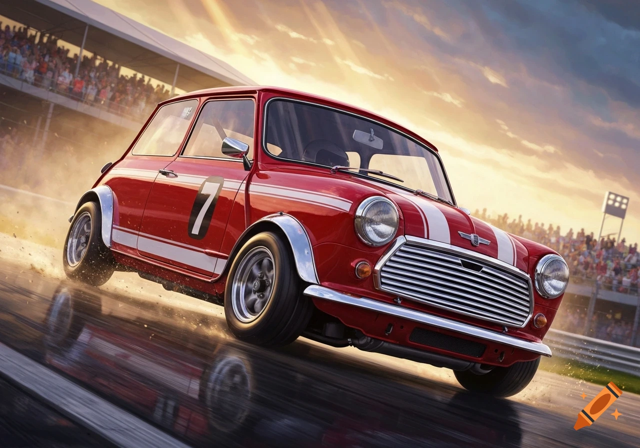 Red classic Mini racecar with number 7 speeding on a track under a dramatic sky, with spectators in the background.
