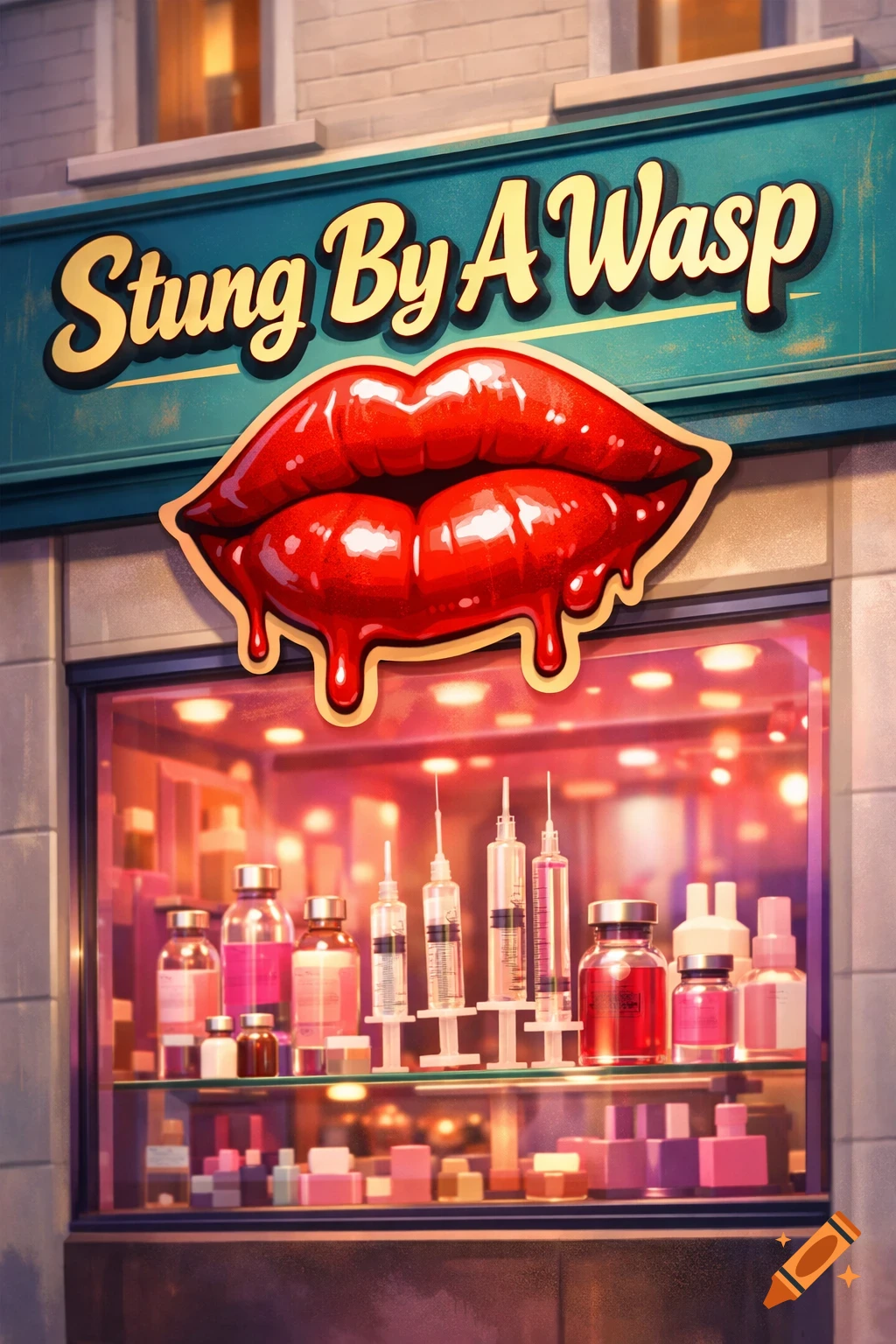 A colorful illustration of a shop called 'Stung By A Wasp' with a dripping red lip logo, showcasing syringes and vials in its display window.