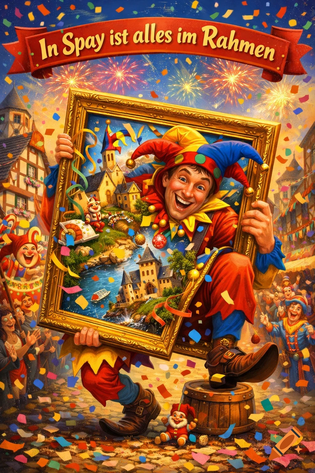 A vibrant illustration of a smiling jester holding a golden frame with a picturesque town inside, surrounded by confetti and fireworks at a carnival.