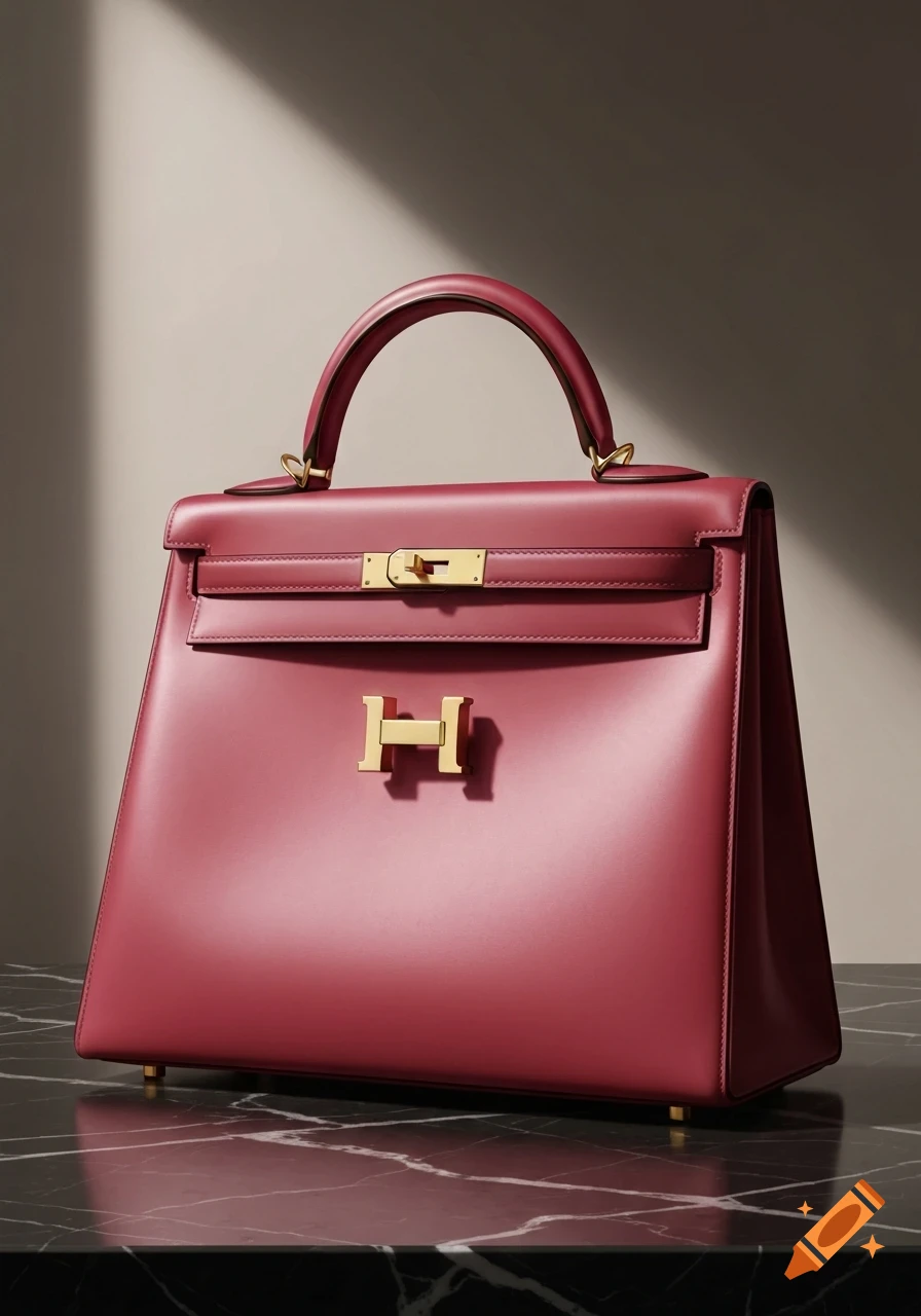 A framboise Hermes Kelly Sellier handbag with gold hardware sits on a black marble surface.