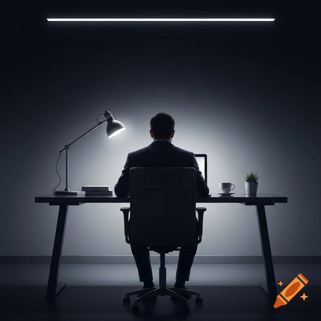 A man in a suit works on a laptop at a dark, minimalist desk, seen from behind with high-contrast lighting.
