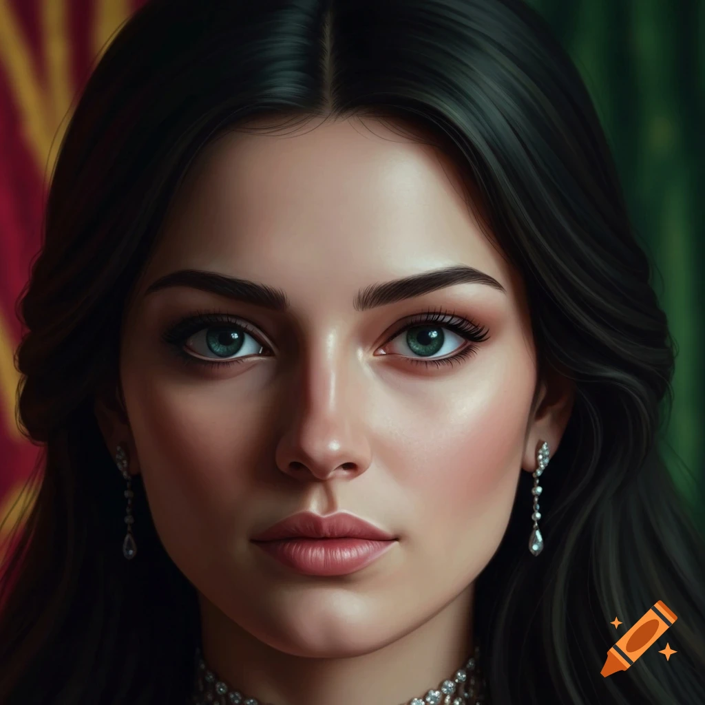 Close-up portrait of a woman with long dark hair, striking green eyes ...