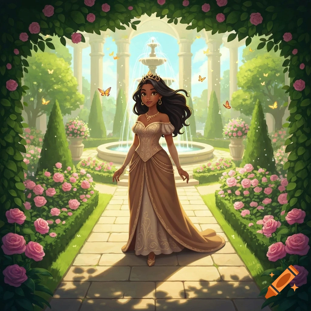 A cartoon princess with dark hair in a gold and white dress walks through a lush palace garden with pink roses and a fountain.