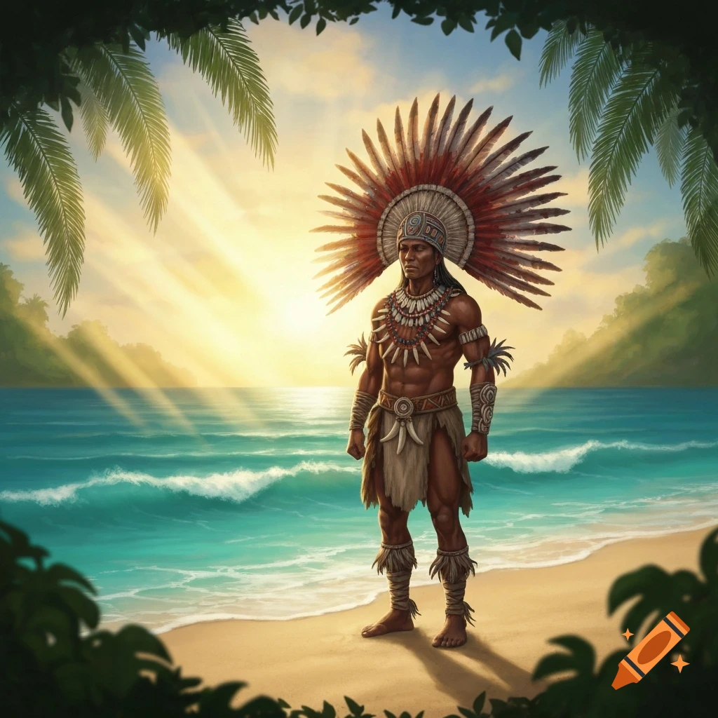 An indigenous man in a large feathered headdress and tribal attire stands on a tropical beach at sunrise, framed by palm leaves.