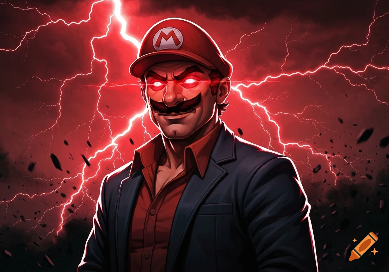 An evil-looking Mario in a suit with glowing red eyes and a dark background with red lightning.