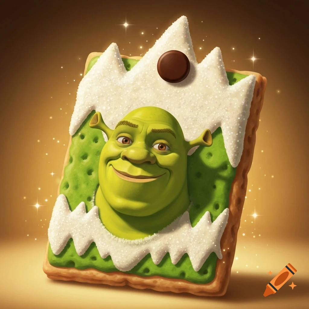 Shrek's smiling face on a green and white frosted poptart with sprinkles and a chocolate button.