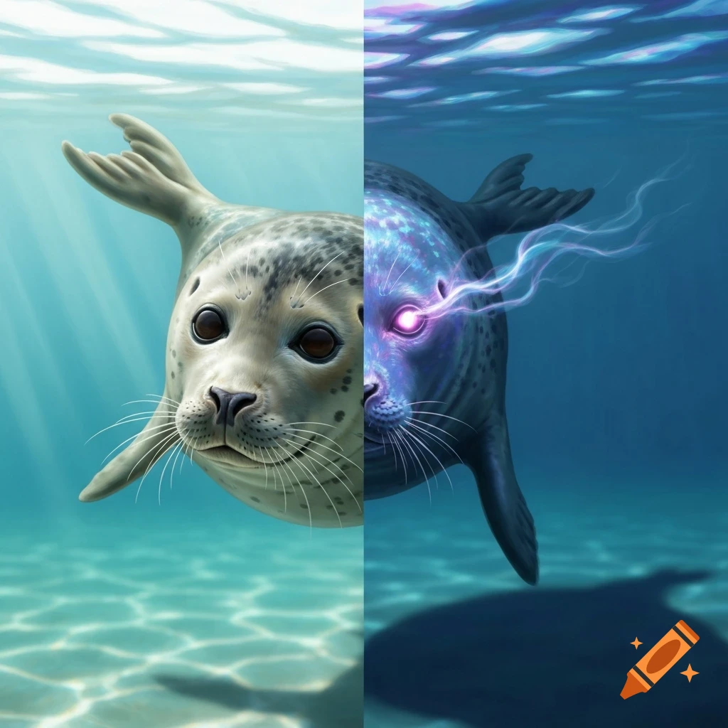 A split image of a harbor seal underwater; left half is realistic, right half is a glowing, purple-eyed magical version with lightning.