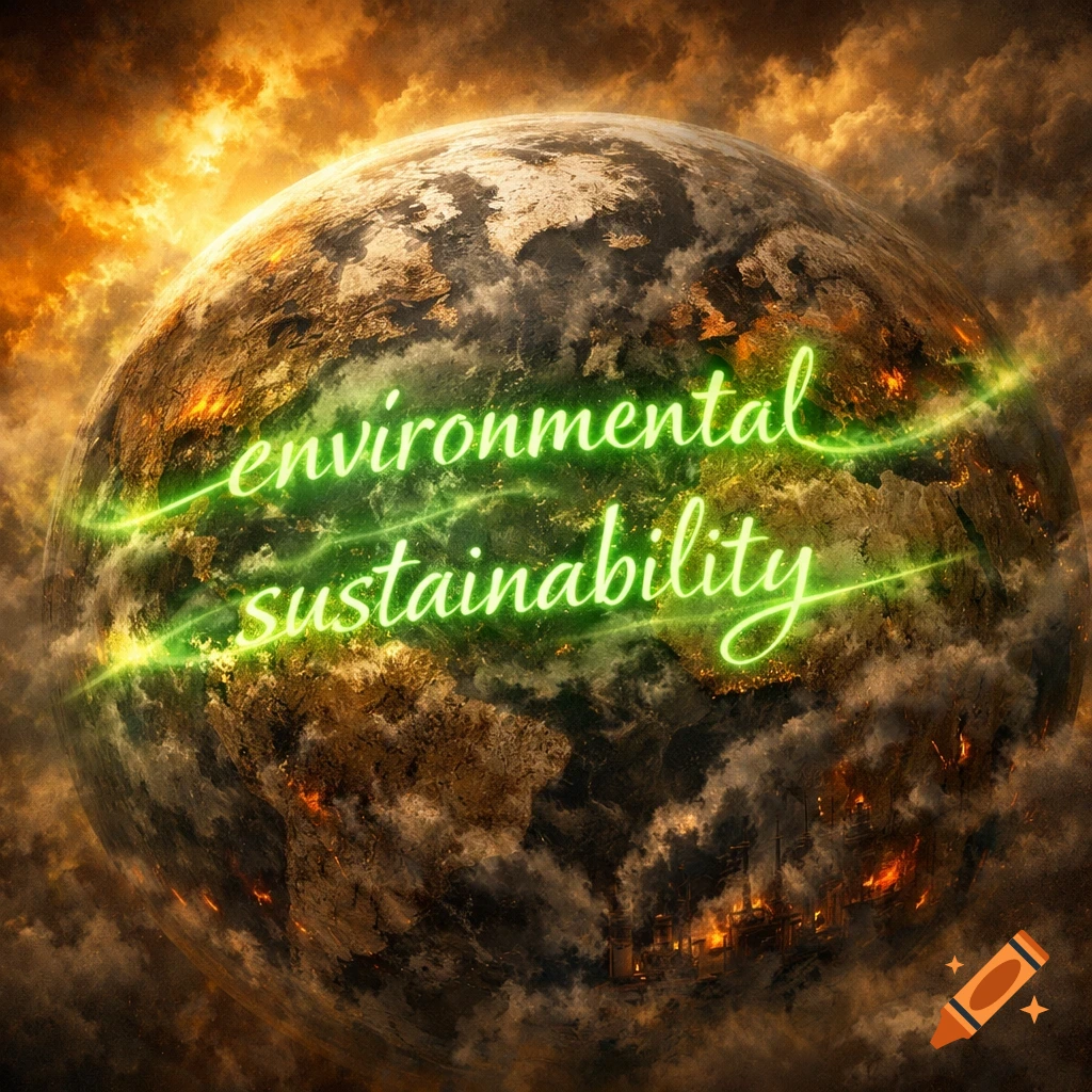 A dramatically lit and polluted Earth with glowing green text 'environmental sustainability' wrapped around it amidst stormy, fiery clouds.