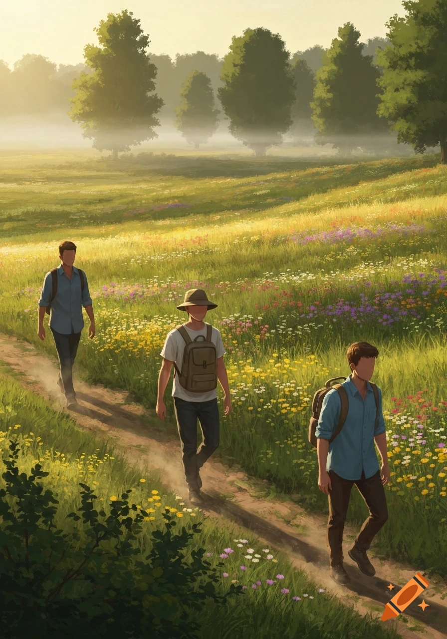 Three backpackers walk on a dirt path through a sunny wildflower meadow with trees in the background.