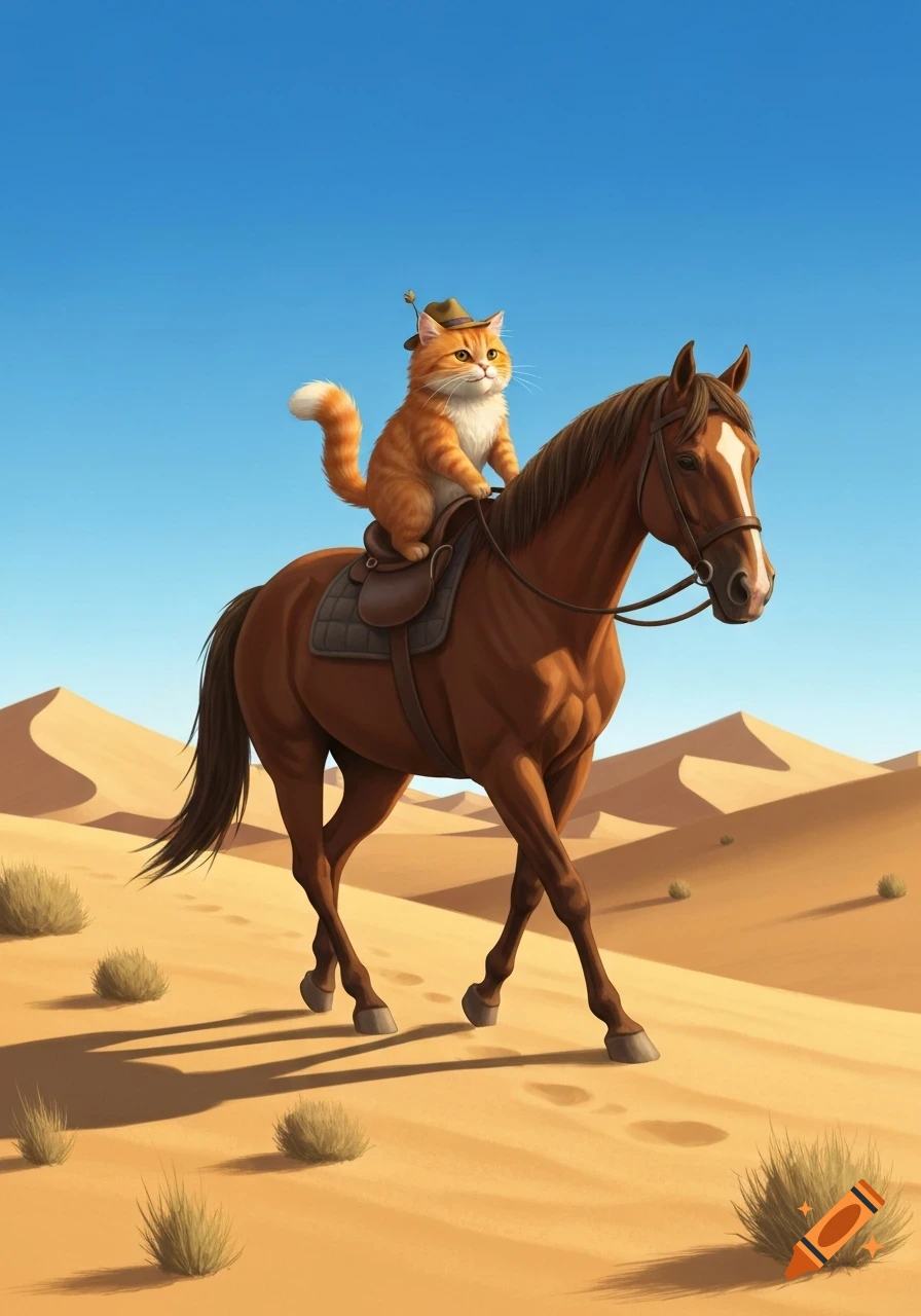 An orange cat wearing a small hat rides a brown horse through a desert landscape with sand dunes.