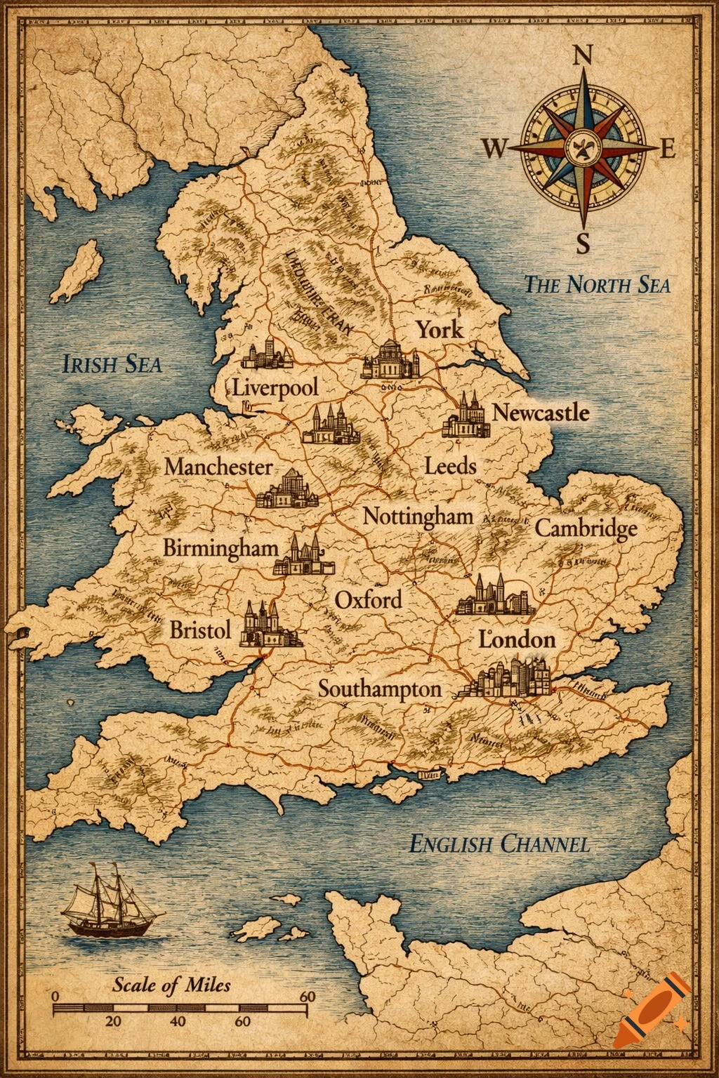 An antique-style map of England with major cities like London, Manchester, and Leeds, and surrounding seas labeled, featuring a compass rose and a sailing ship.