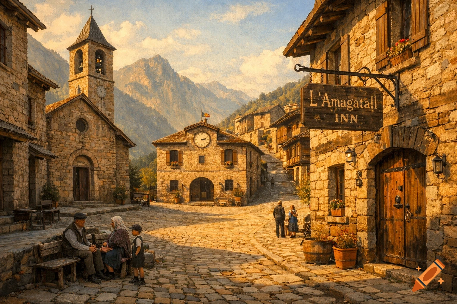 A photorealistic image of a sunlit cobblestone village street nestled in mountains, with stone buildings, an inn sign, a church, and people.