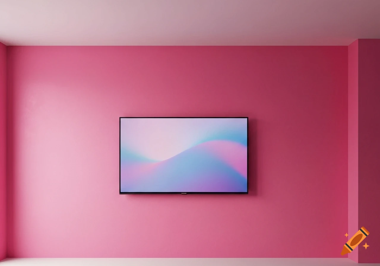 A minimalist room with bright pink walls and a flat-screen TV displaying pastel pink and blue abstract swirls.
