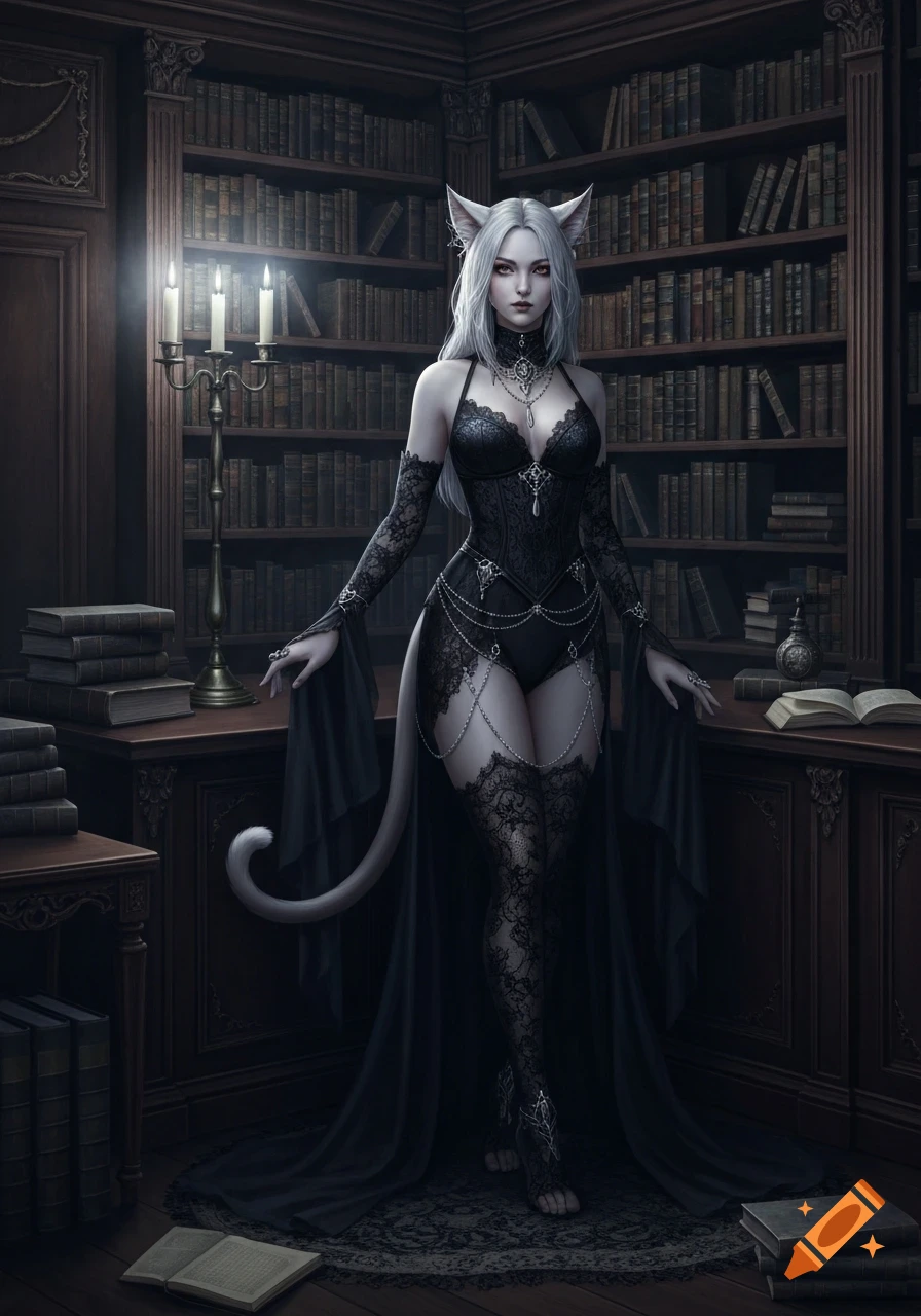 A stunning cat-girl in a revealing black gothic lace outfit standing in a dimly lit, ornate library.