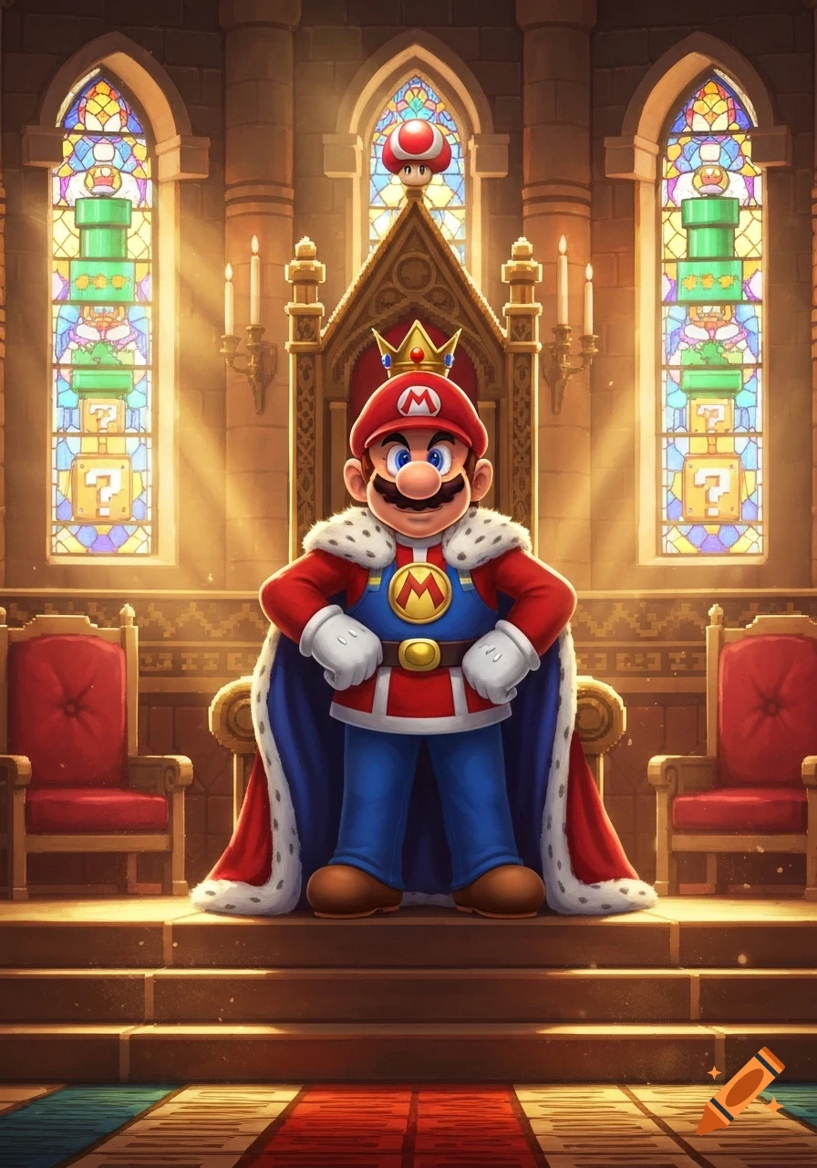 Mario, wearing a crown and royal cape, stands before a golden throne in a grand cathedral with Super Mario themed stained-glass windows.