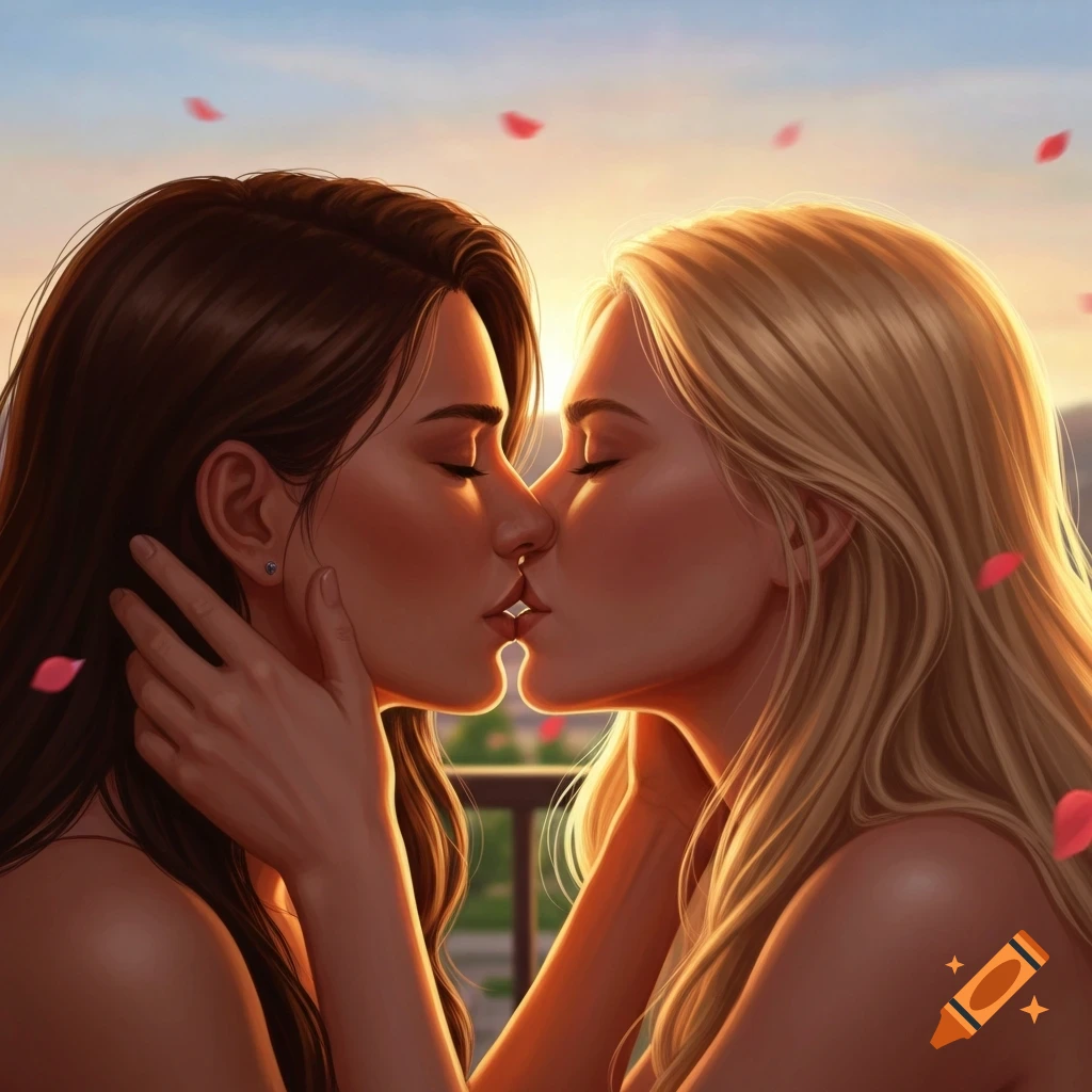 Two women, one with dark hair and one with blonde, kiss intimately at sunset with falling red petals.