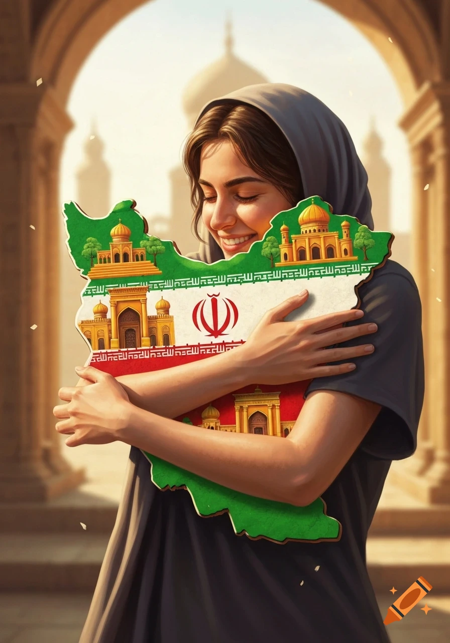A smiling woman in a headscarf embraces a map of Iran featuring its flag and ancient buildings, set against a blurred architectural background.