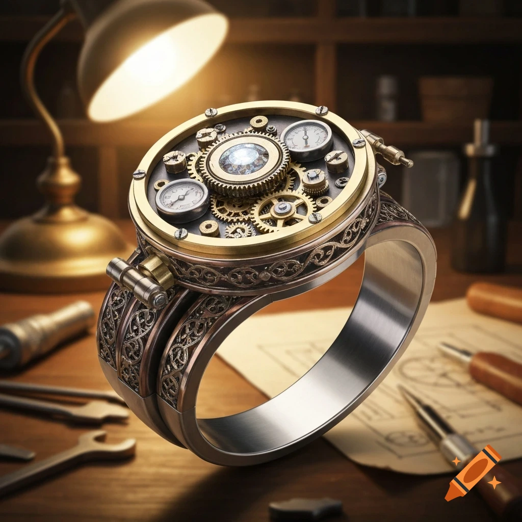 A close-up, highly detailed shot of a steampunk-style ring featuring intricate gears, small gauges, and a central gem on a workbench, illuminated by a warm desk lamp.