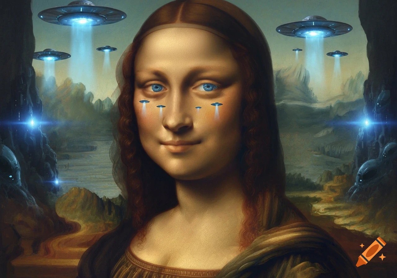 A surreal painting of Mona Lisa with bright blue eyes, shedding small UFO tears, with larger UFOs hovering over a landscape with alien figures.