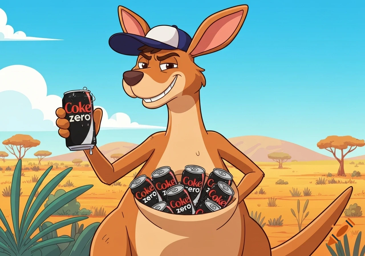 Cartoon kangaroo wearing a baseball cap, holding a sweating Coke Zero can, and carrying more in its pouch in a desert landscape.