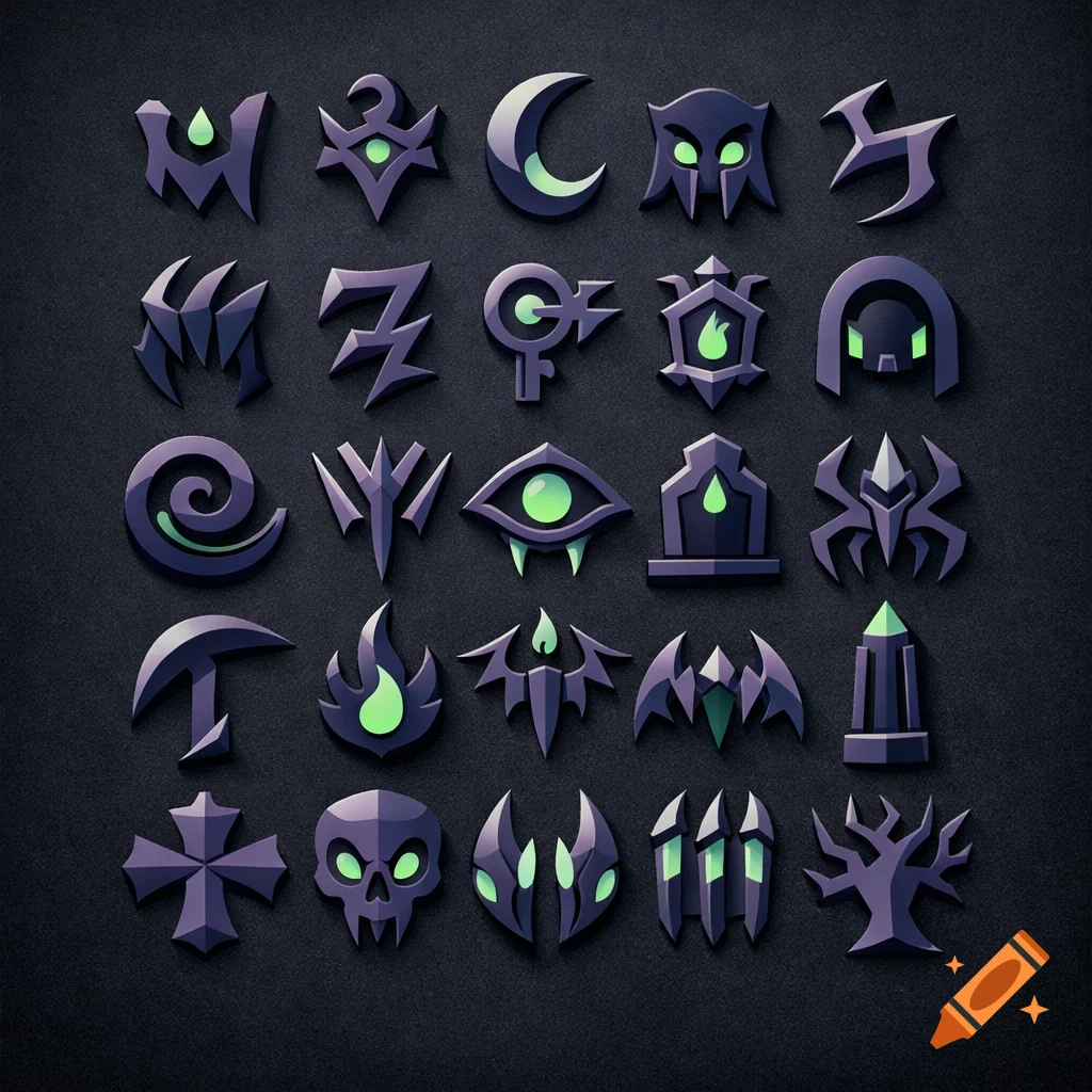 A grid of 20 stylized, dark purple and glowing green symbols with a spooky, mystical aesthetic, resembling an alphabet or set of icons.
