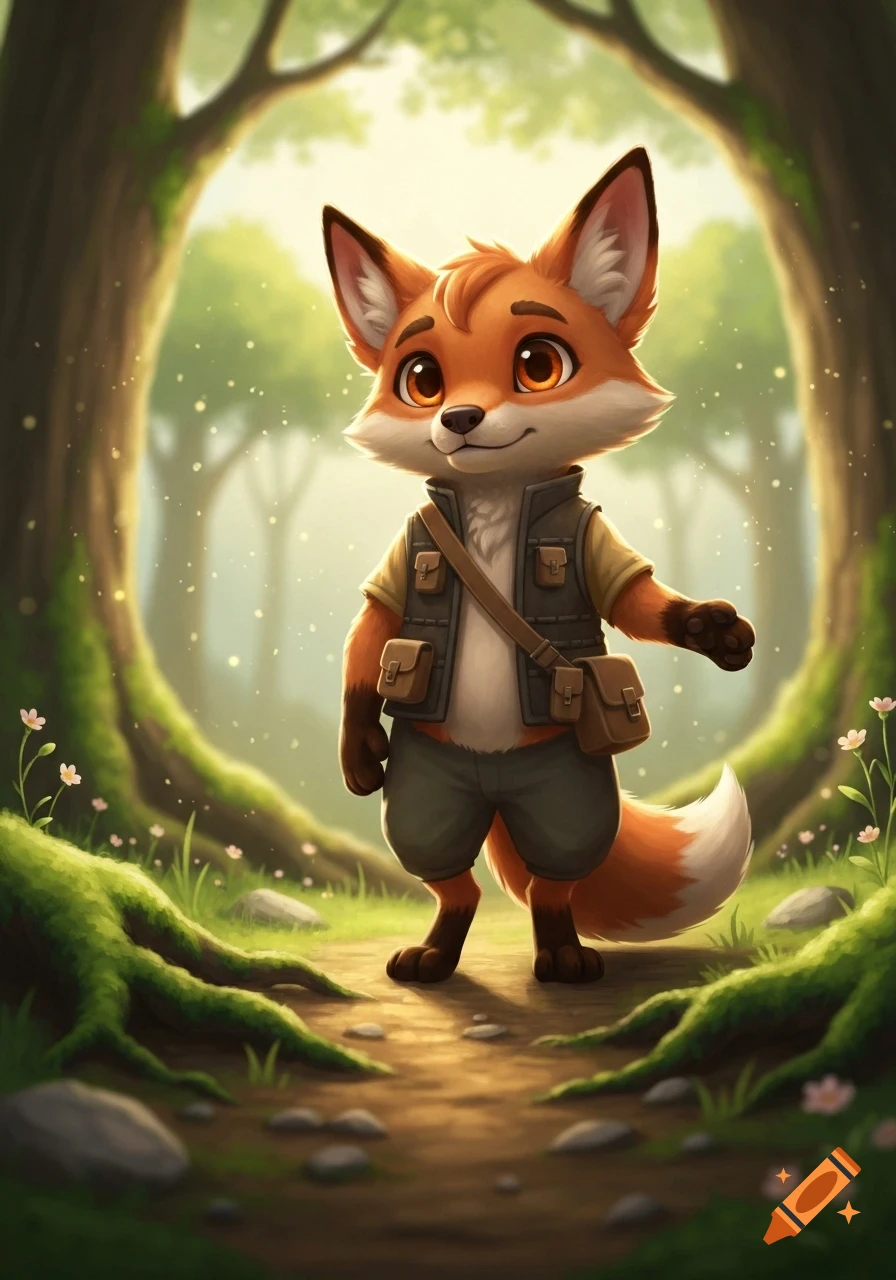 A cute cartoon fox in an adventurer vest and shorts stands on a sunlit forest path with glowing particles.