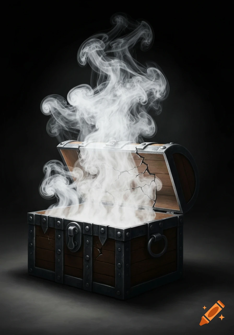 An opened, cracked wooden treasure chest with metal bands sits on a dark background, emitting thick white smoke.