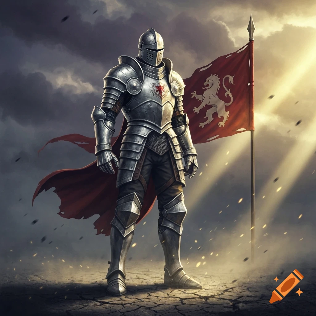 A knight in shining full plate armor stands on cracked earth under dramatic sun rays and stormy sky, next to a red flag with a white lion.