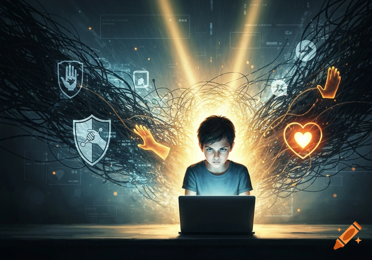 An intense child looks at a laptop, surrounded by glowing digital wires, security icons, and a heart, symbolizing online safety.