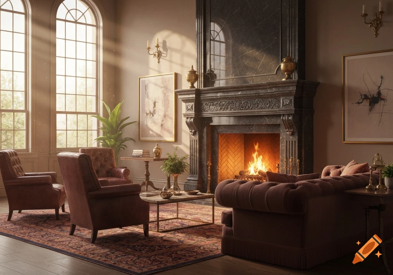Photorealistic luxurious living room with a grand fireplace, brown leather seating, and tall arched windows illuminated by sunbeams.