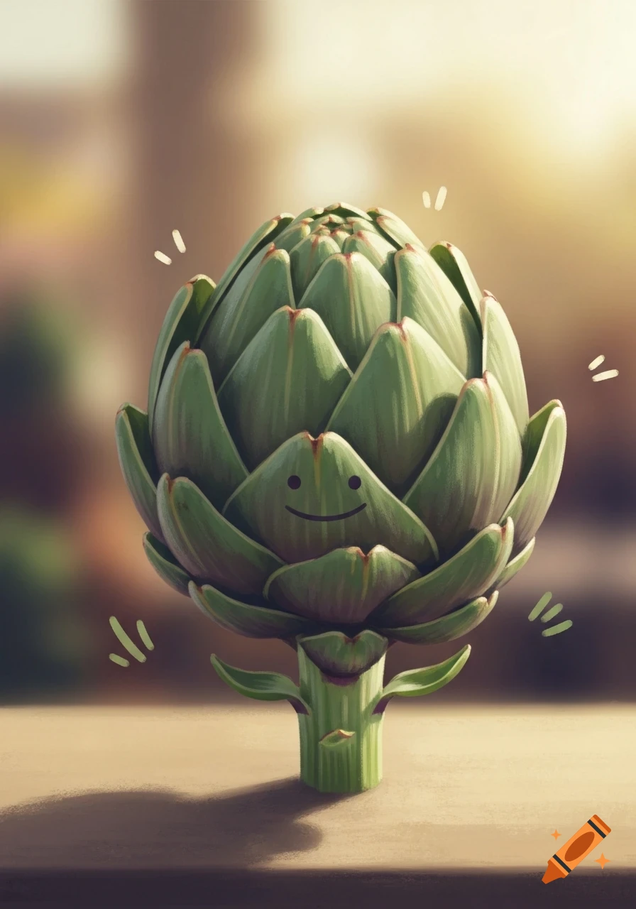 A vibrant green, anthropomorphic artichoke with a smiling face stands upright, with subtle white sparkle marks around it, against a soft, blurry background.