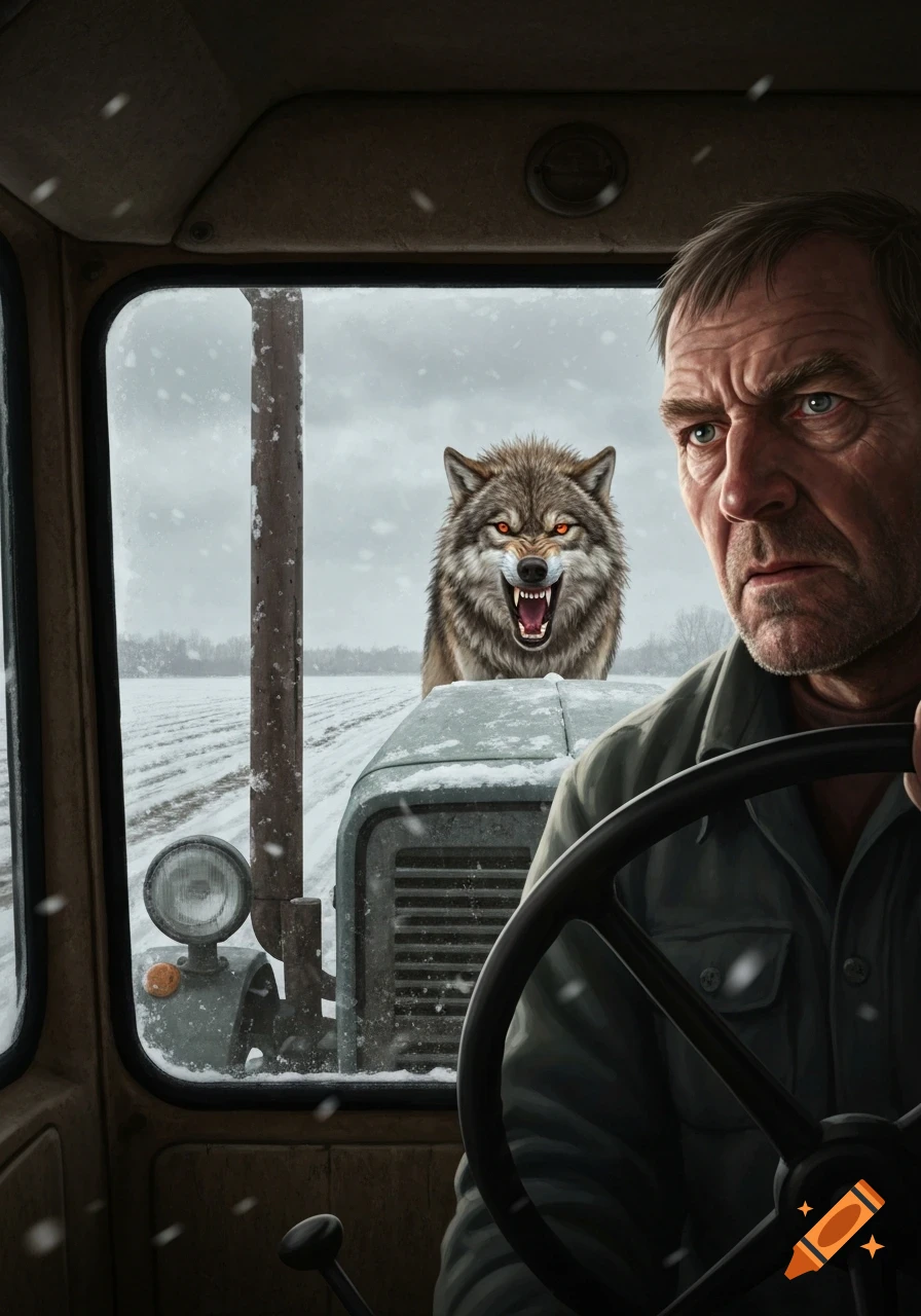 A man in a tractor looks through the windshield at an angry wolf with glowing red eyes on the bonnet in a snowy field.