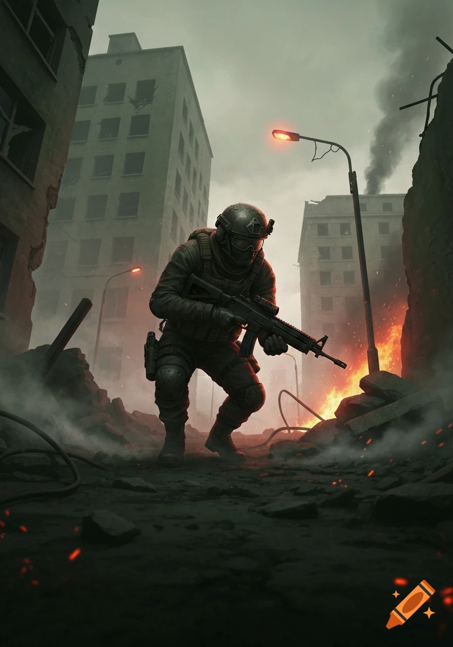 Heavily armed soldier in tactical gear crouches in a destroyed urban street with fire and smoke under a dark sky.