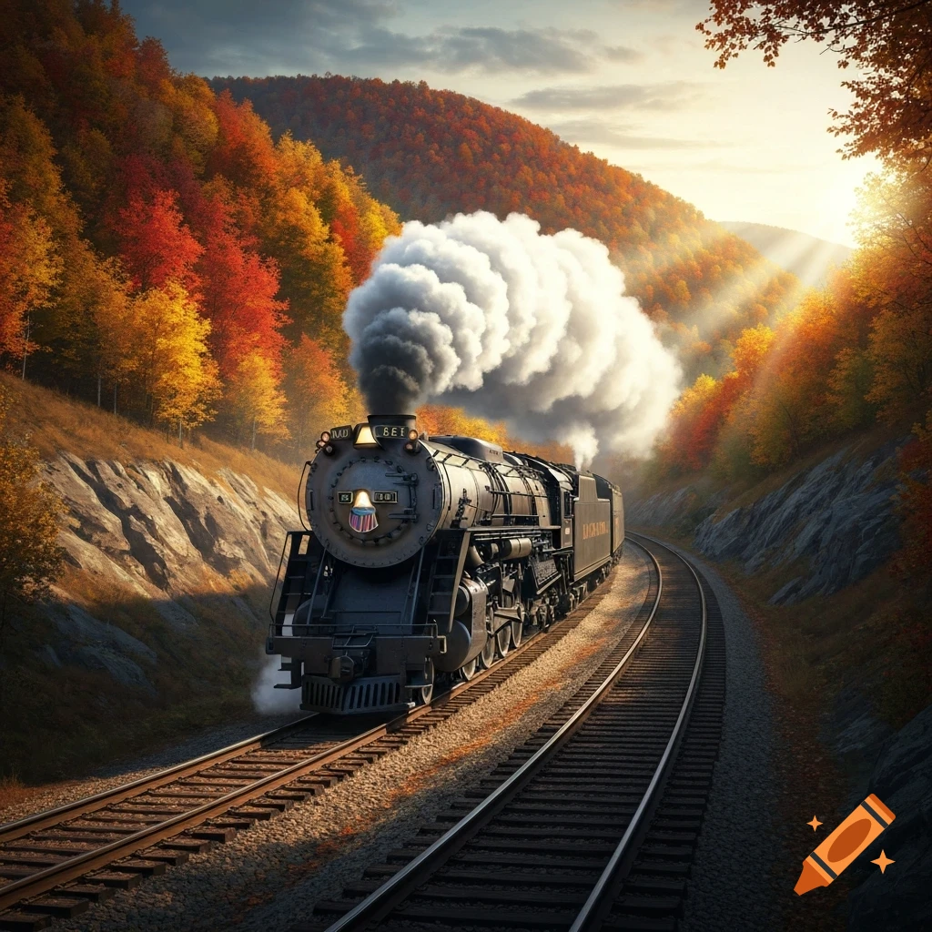 A vintage steam train with thick white smoke travels on tracks through a vibrant autumn forest under a sunset sky.