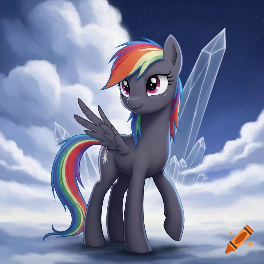 Dark gray pegasus from My Little Pony with rainbow mane and tail, standing in a cloudy night sky with crystals.