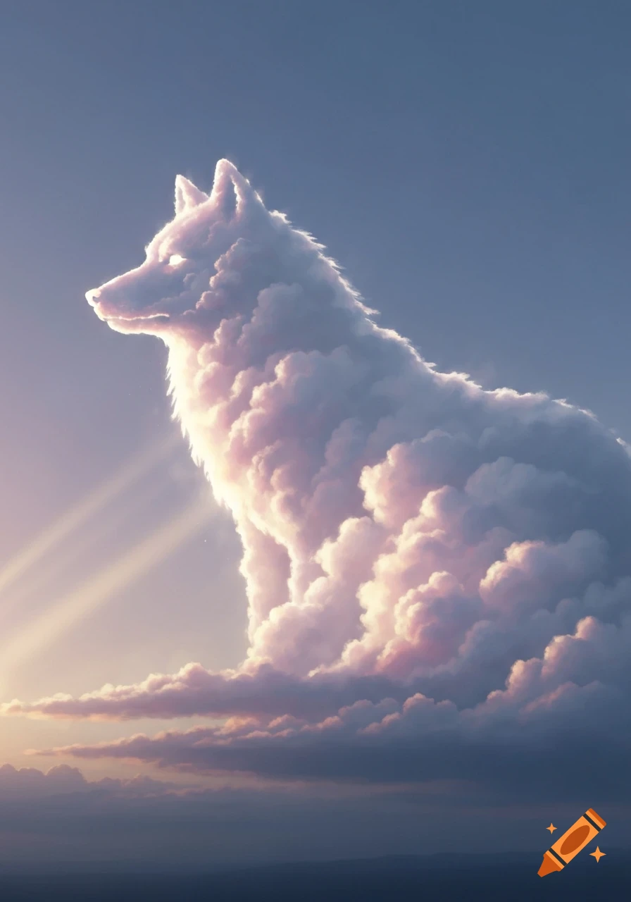 A majestic wolf-shaped cloud glowing in a serene blue sky with sun rays shining through from the left.