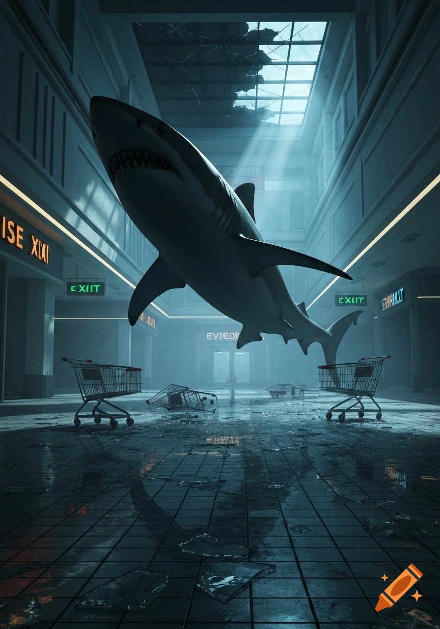 A large shark swims through a flooded, derelict shopping mall, with scattered shopping carts and broken glass on the floor, and light filtering through a damaged skylight.