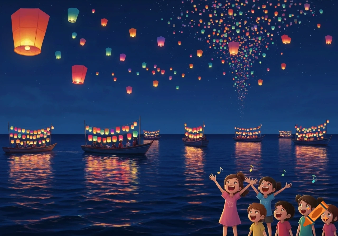 Cartoon illustration of children celebrating a colorful lantern festival on the sea at night, with boats and sky filled with glowing lanterns.