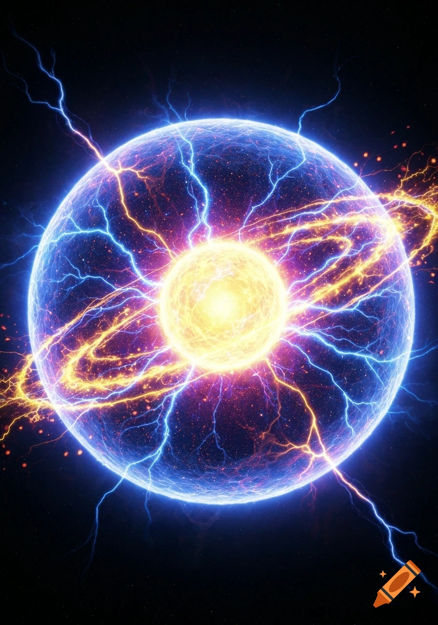 A vibrant blue and purple energy sphere with a bright yellow core, surrounded by blue and orange lightning, set against a dark, starry background.