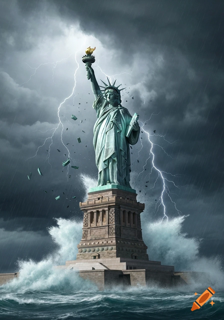 The Statue of Liberty stands in a fierce storm with lightning, rain, and crashing waves, with debris flying.