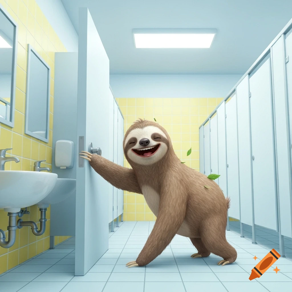 A happy cartoon sloth with green leaves on its back smiles broadly, pushing open a white door in a public bathroom with yellow tiled walls and light blue floors.