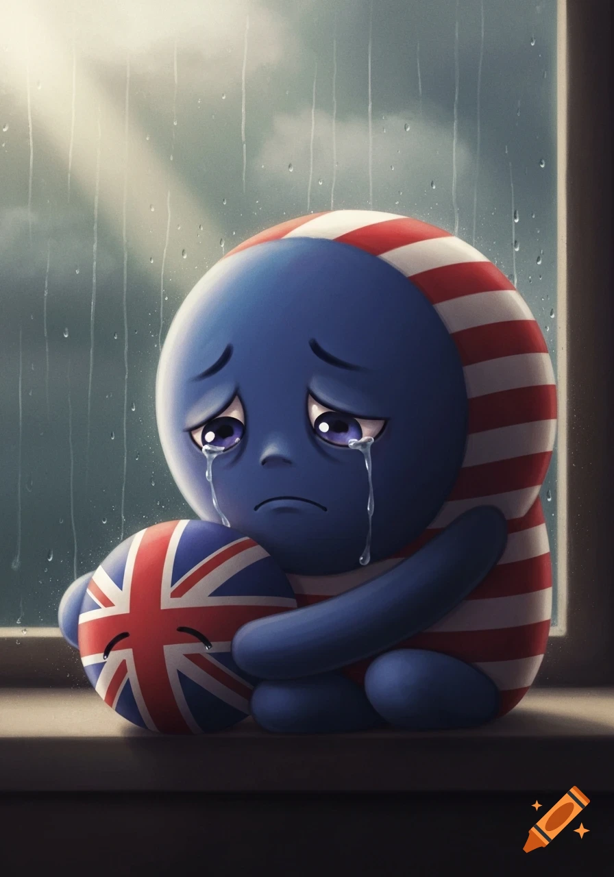 A sad blue cartoon character with red and white stripes, representing the USA, sits by a rainy window, hugging a crying UK countryball.