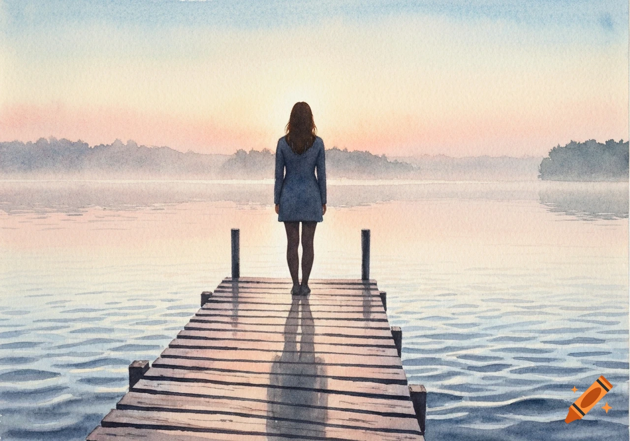 Watercolor painting of a woman standing on a wooden pier, looking out at a tranquil lake under a pastel sky.