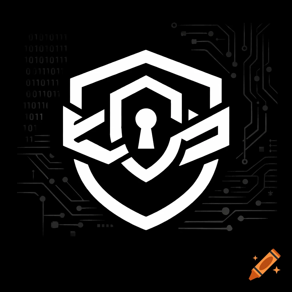 A black and white logo featuring a shield with a keyhole in the center, surrounded by circuit board lines and binary code.