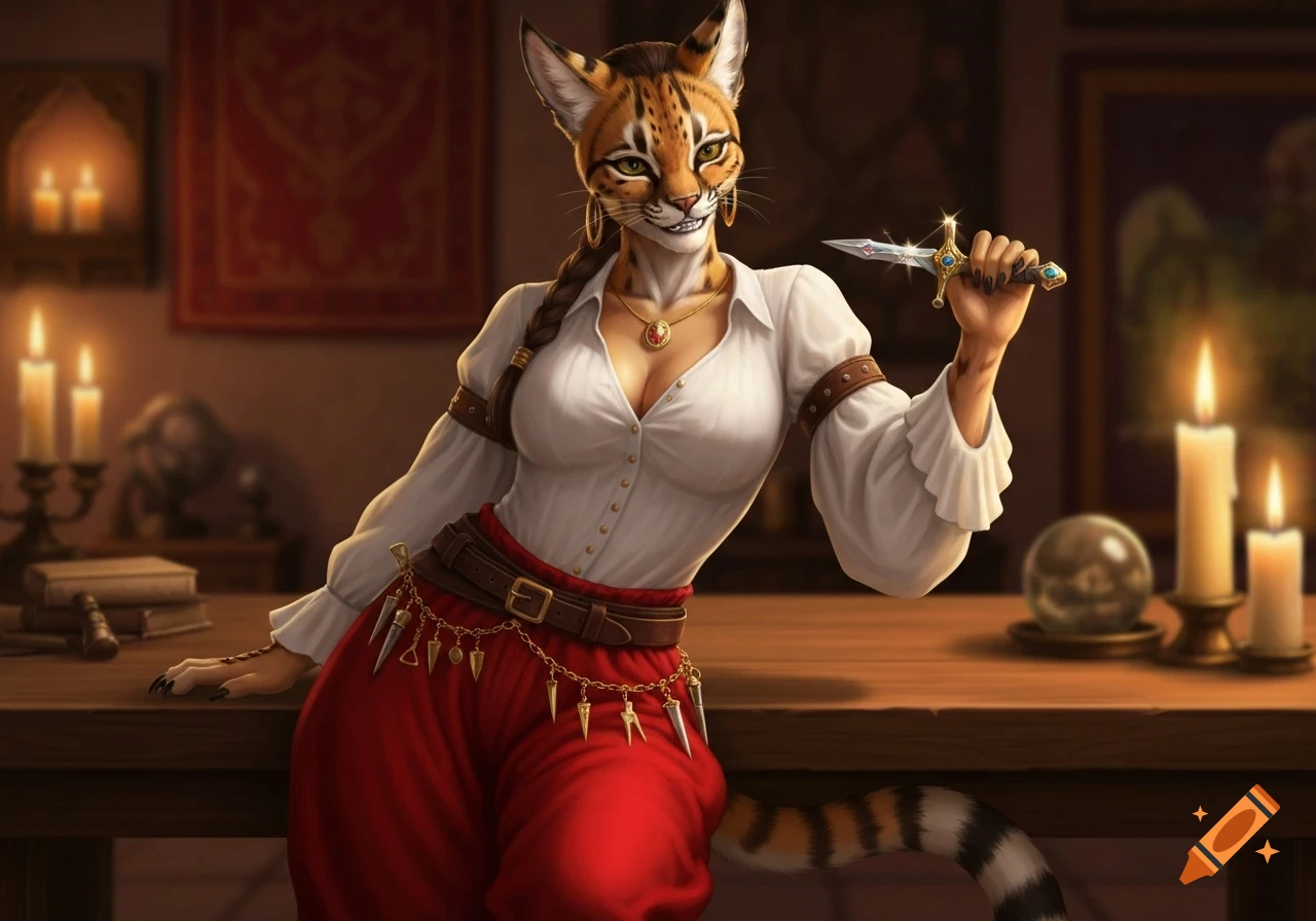 A female serval tabaxi in a white blouse and red harem pants leans on a table, holding a jeweled dagger and smiling coyly.