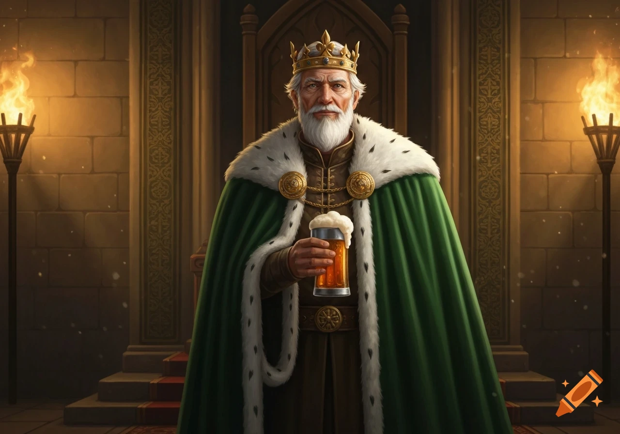 A bearded king wearing a crown and green fur-trimmed cape stands in a throne room, holding a mug of beer.