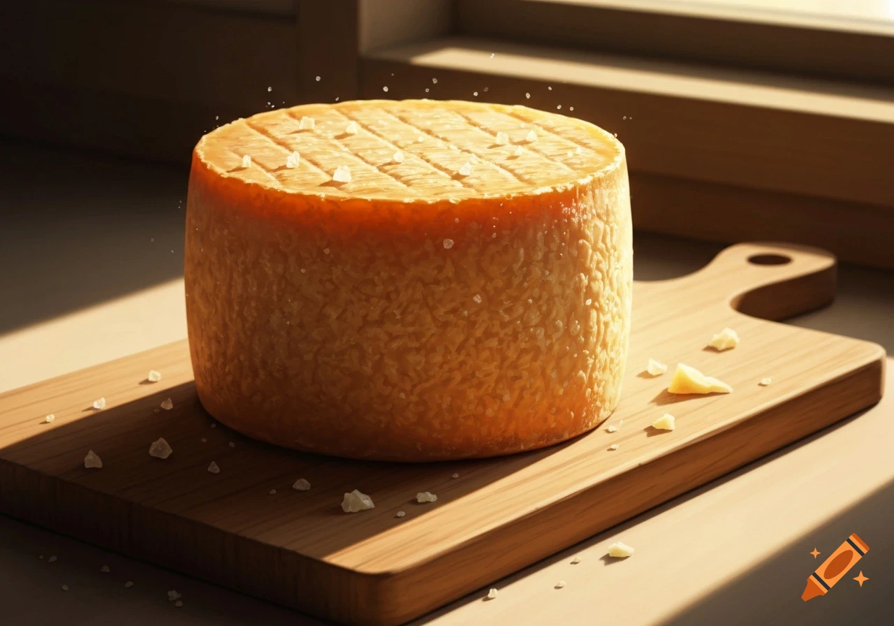 A round wheel of cheese on a wooden cutting board, illuminated by warm sunlight.