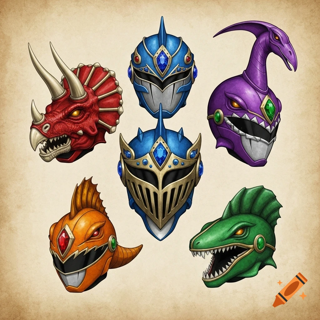 Six colorful, stylized Power Ranger-like helmets, three resembling dinosaurs (red triceratops, orange spinosaurus, green plesiosaurus) and three resembling medieval knights (two blue, one purple pteranodon), against a vintage paper background.