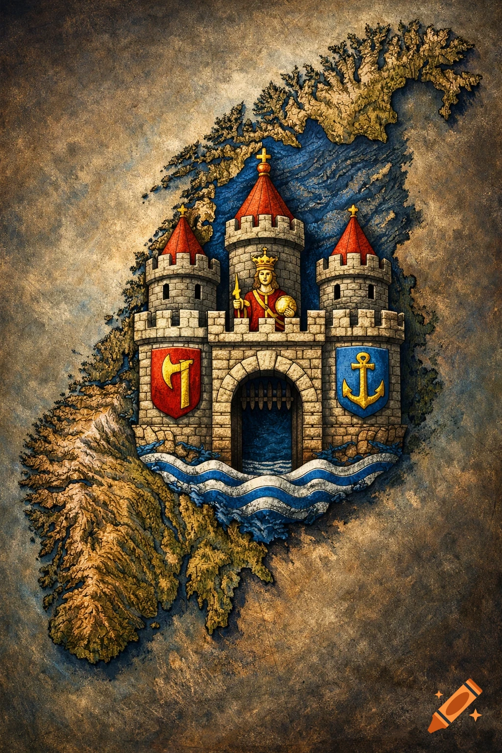 A textured, medieval-style map of Norway with a large, detailed castle featuring a king, axe, and anchor emblems.