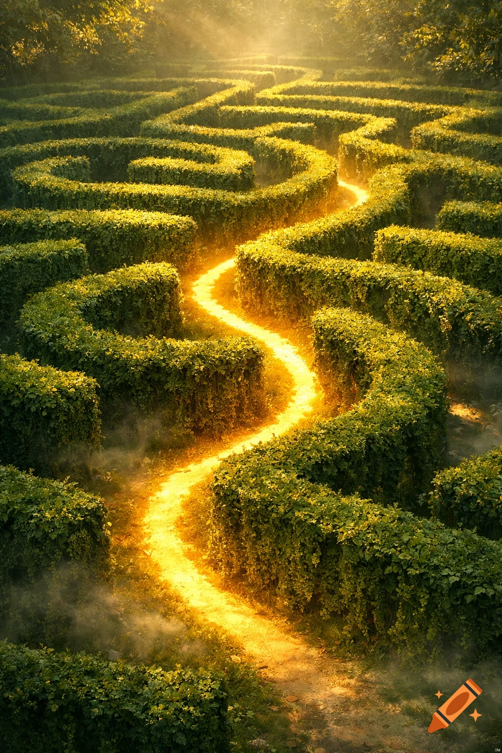 An aerial view of a vibrant green hedge maze with a winding golden glowing path, light rays, and mist.